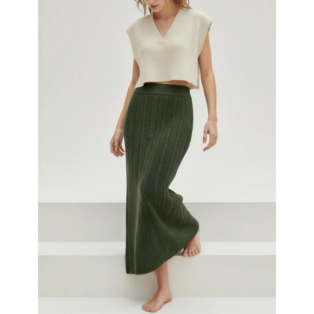 SÉZANE Marilou Merino Wool/Cotton Cable Knit Midi Skirt, Khaki, Large - Picture 4 of 13